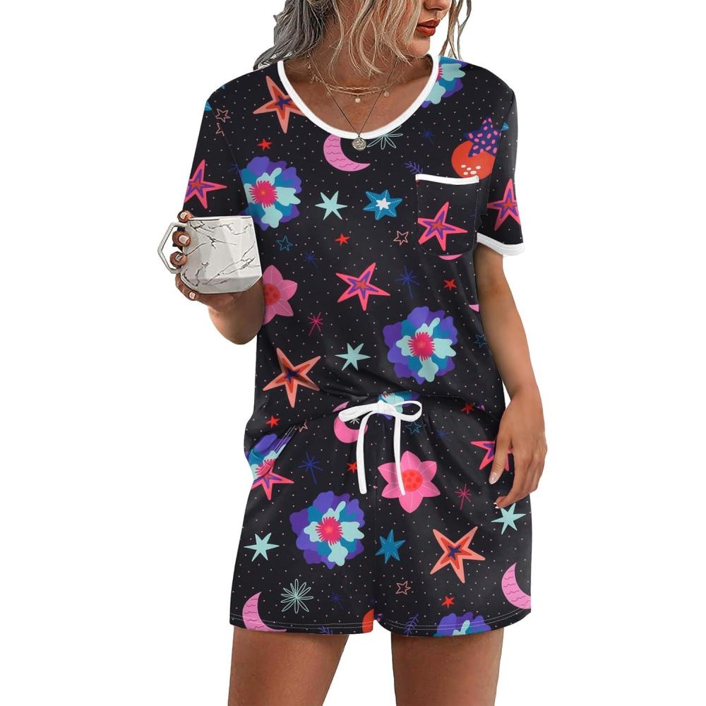 imageEkouaer Pajama Set for Women 2 Piece Lounge Set Short Sleeve Tops and Shorts Soft Sleepwear Chest PocketBlack Star Sky