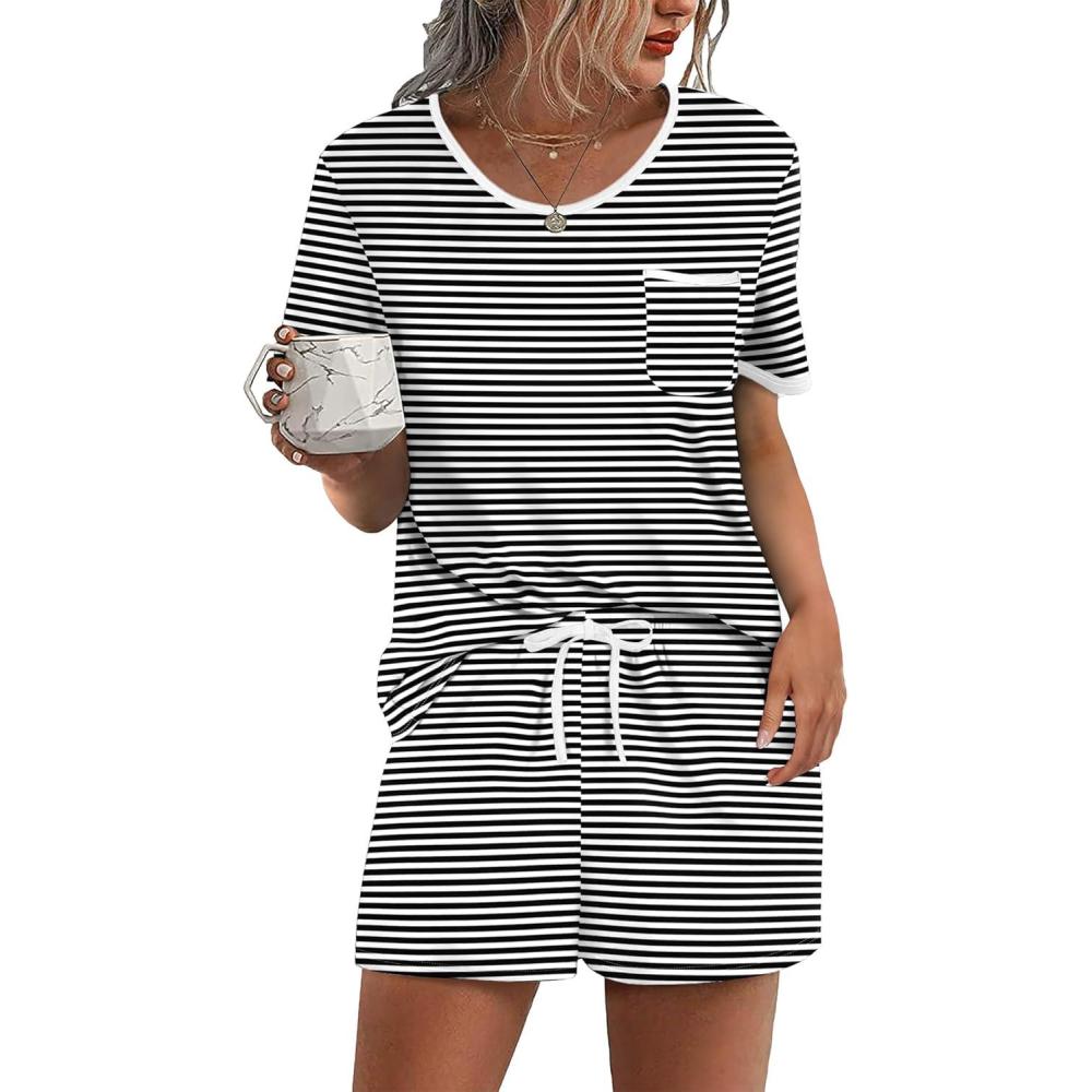 imageEkouaer Pajama Set for Women 2 Piece Lounge Set Short Sleeve Tops and Shorts Soft Sleepwear Chest PocketBlack White Stripe