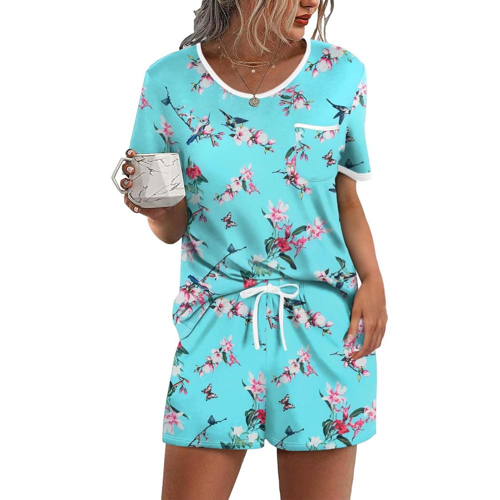 imageEkouaer Pajama Set for Women 2 Piece Lounge Set Short Sleeve Tops and Shorts Soft Sleepwear Chest PocketBlue Flower