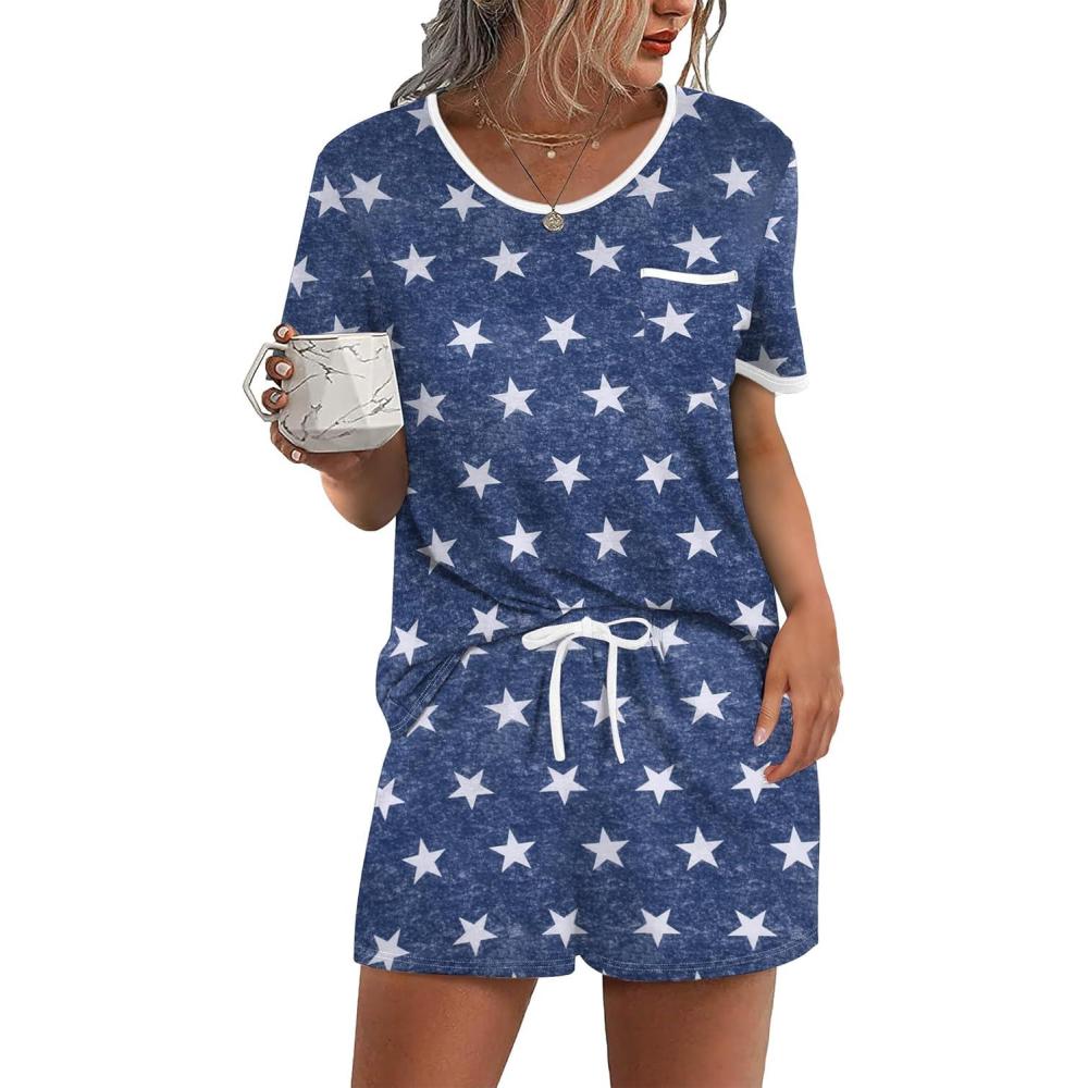 imageEkouaer Pajama Set for Women 2 Piece Lounge Set Short Sleeve Tops and Shorts Soft Sleepwear Chest PocketBlue Star