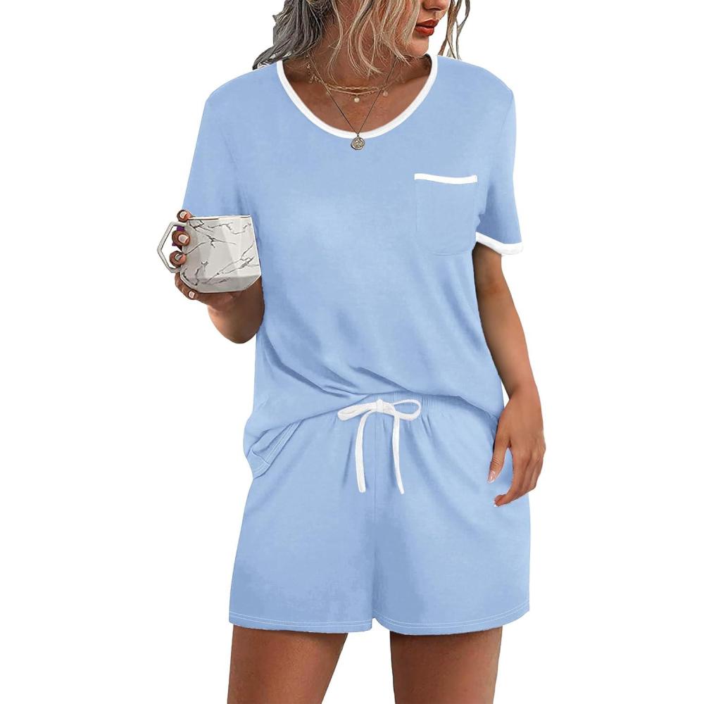 imageEkouaer Pajama Set for Women 2 Piece Lounge Set Short Sleeve Tops and Shorts Soft Sleepwear Chest PocketLight Blue