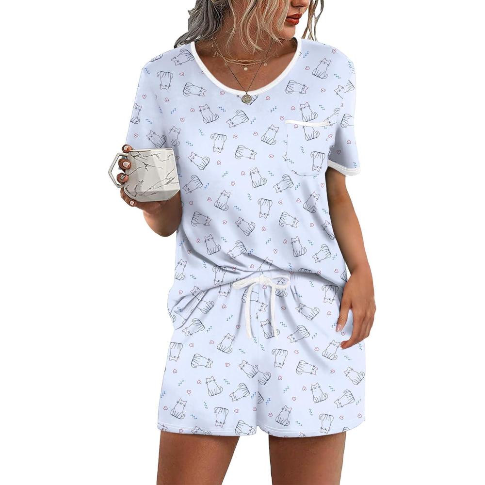 imageEkouaer Pajama Set for Women 2 Piece Lounge Set Short Sleeve Tops and Shorts Soft Sleepwear Chest PocketLight Blue Cat