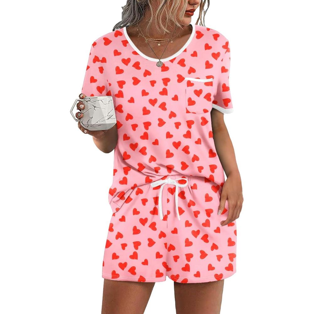 imageEkouaer Pajama Set for Women 2 Piece Lounge Set Short Sleeve Tops and Shorts Soft Sleepwear Chest PocketPink Red Love
