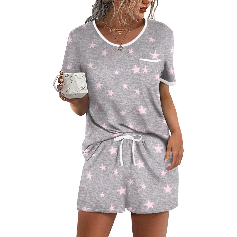 imageEkouaer Pajama Set for Women 2 Piece Lounge Set Short Sleeve Tops and Shorts Soft Sleepwear Chest PocketPink Stars