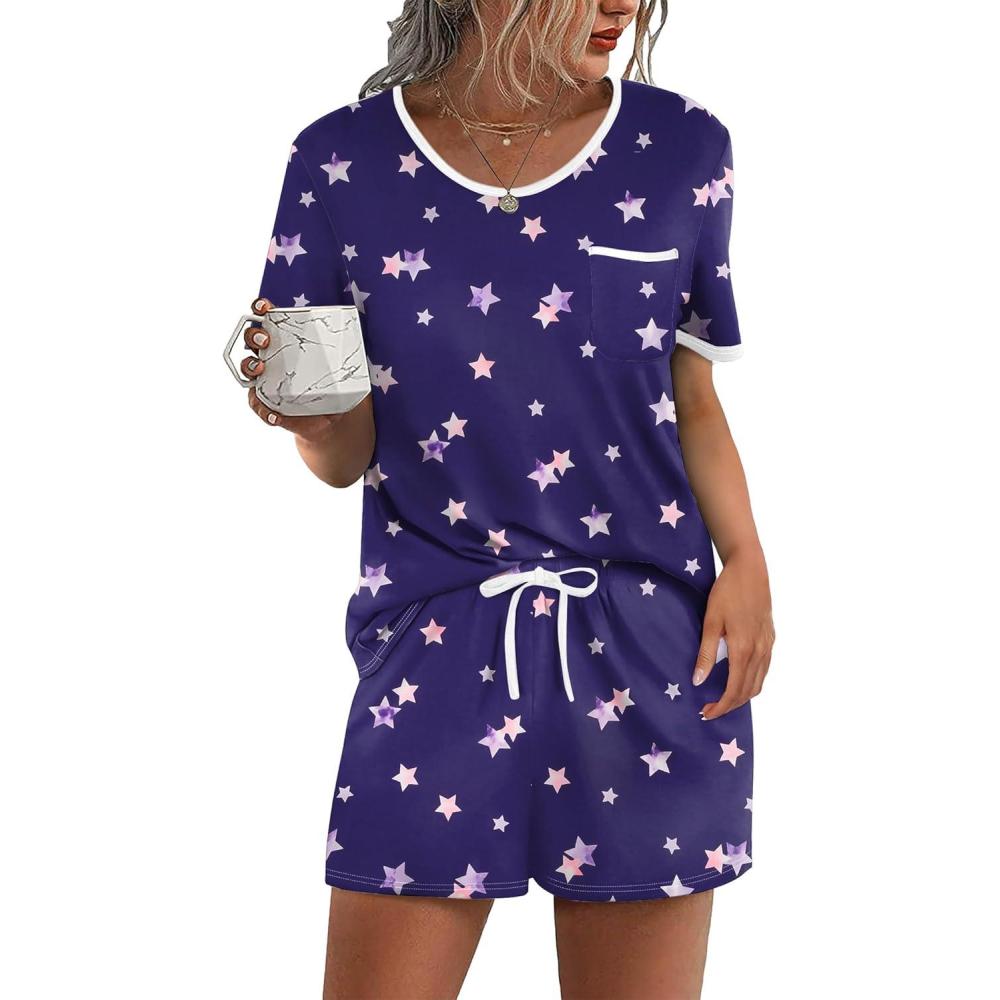 imageEkouaer Pajama Set for Women 2 Piece Lounge Set Short Sleeve Tops and Shorts Soft Sleepwear Chest PocketPurple Stars