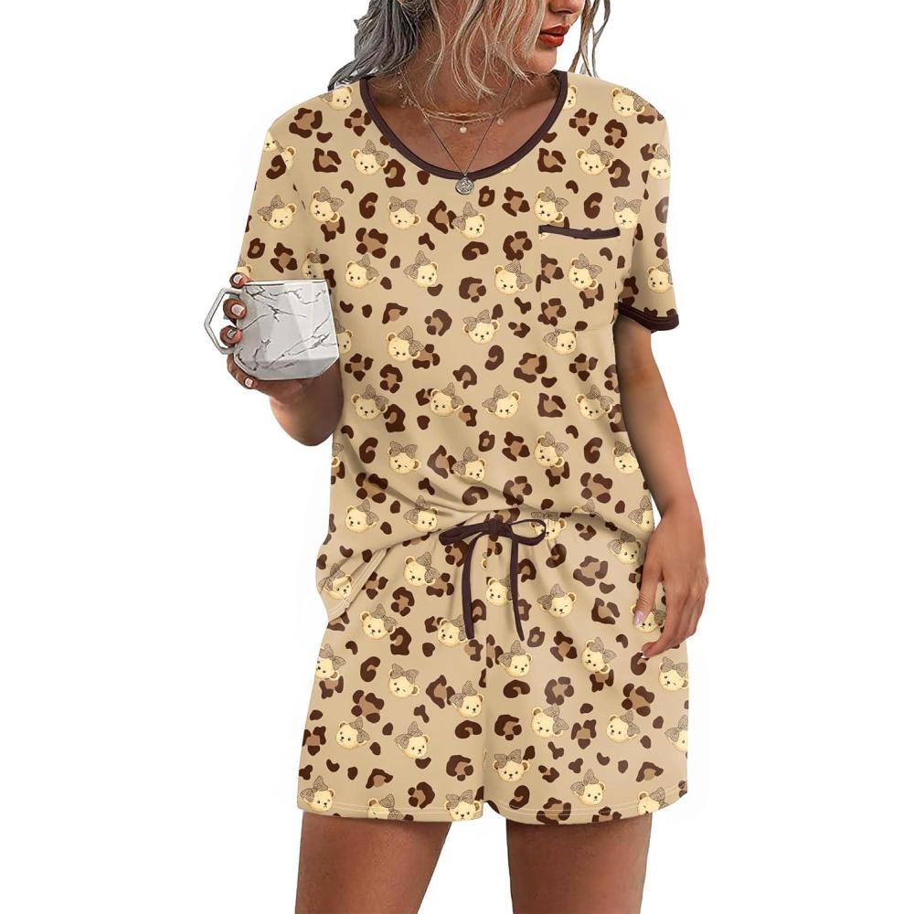 imageEkouaer Pajama Set for Women 2 Piece Lounge Set Short Sleeve Tops and Shorts Soft Sleepwear Chest PocketTeddybrown