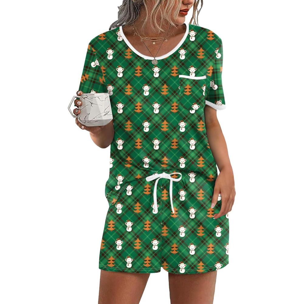 imageEkouaer Pajama Set for Women 2 Piece Lounge Set Short Sleeve Tops and Shorts Soft Sleepwear Chest PocketTeddygreen Christmas
