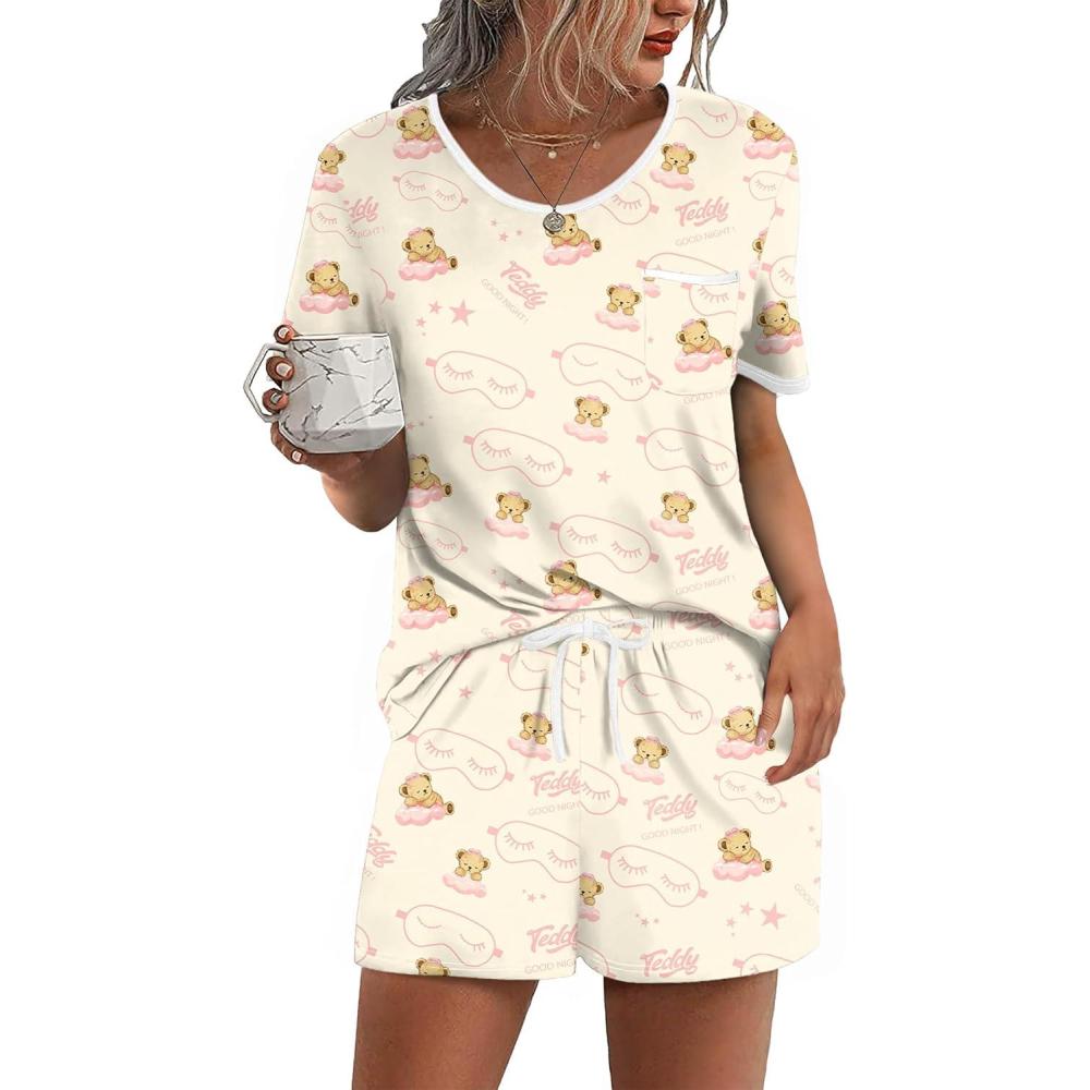 imageEkouaer Pajama Set for Women 2 Piece Lounge Set Short Sleeve Tops and Shorts Soft Sleepwear Chest PocketTeddypink Clouds