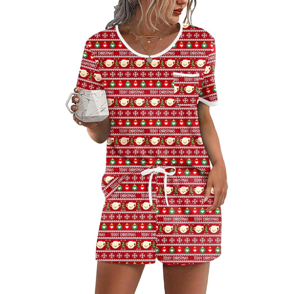 imageEkouaer Pajama Set for Women 2 Piece Lounge Set Short Sleeve Tops and Shorts Soft Sleepwear Chest PocketTeddyred Christmas