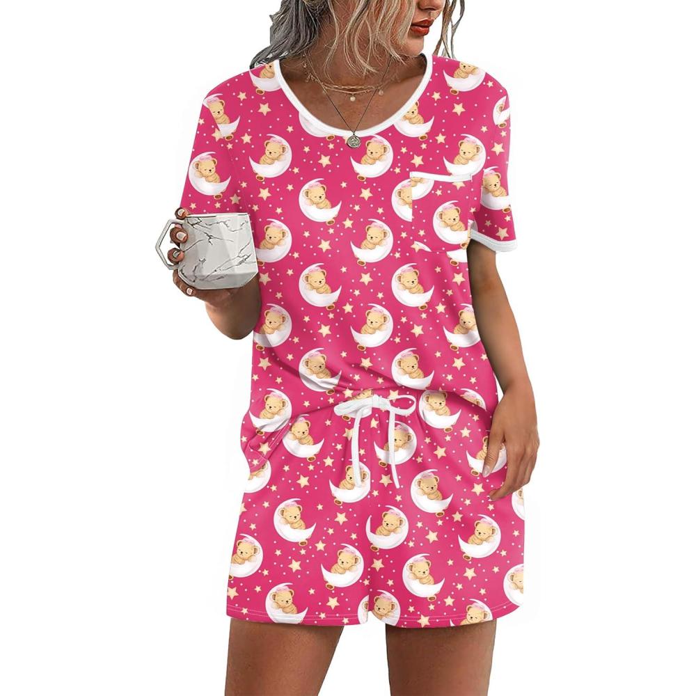 imageEkouaer Pajama Set for Women 2 Piece Lounge Set Short Sleeve Tops and Shorts Soft Sleepwear Chest PocketTeddyrose Pink Moon