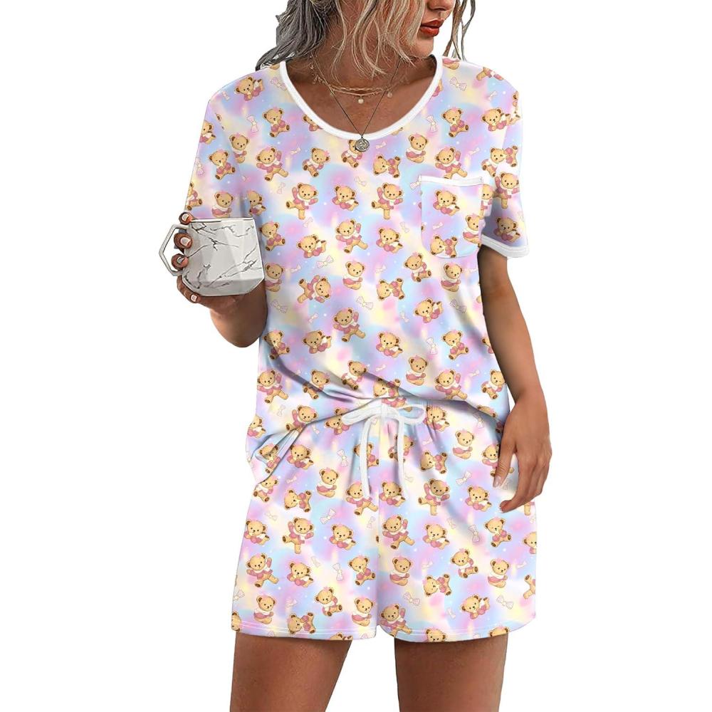 imageEkouaer Pajama Set for Women 2 Piece Lounge Set Short Sleeve Tops and Shorts Soft Sleepwear Chest PocketTeddytye Die