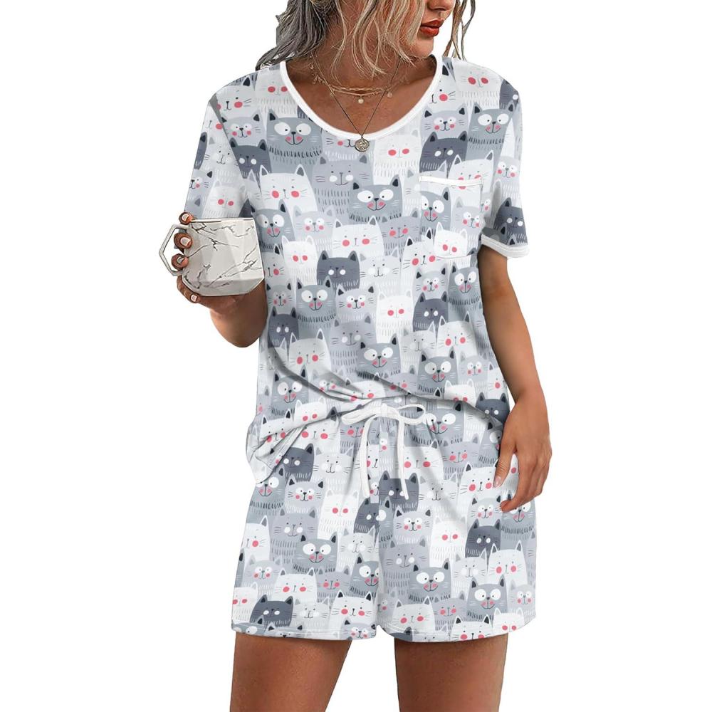 imageEkouaer Pajama Set for Women 2 Piece Lounge Set Short Sleeve Tops and Shorts Soft Sleepwear Chest PocketWhitegray Cats