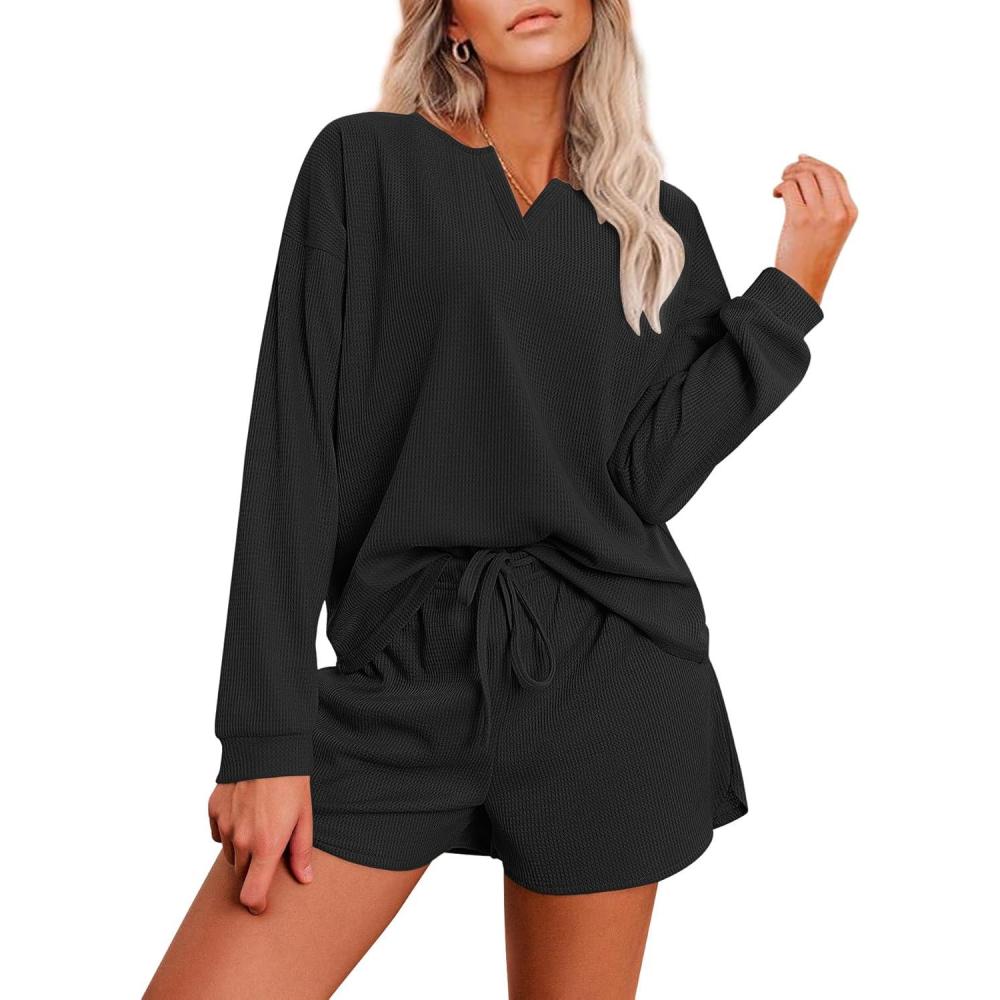 imageEkouaer Pajama Set for Women Waffle Knit Lounge Sets Long Sleeve Top and Shorts Sleepwear Matching Loungewear SXXLBlack