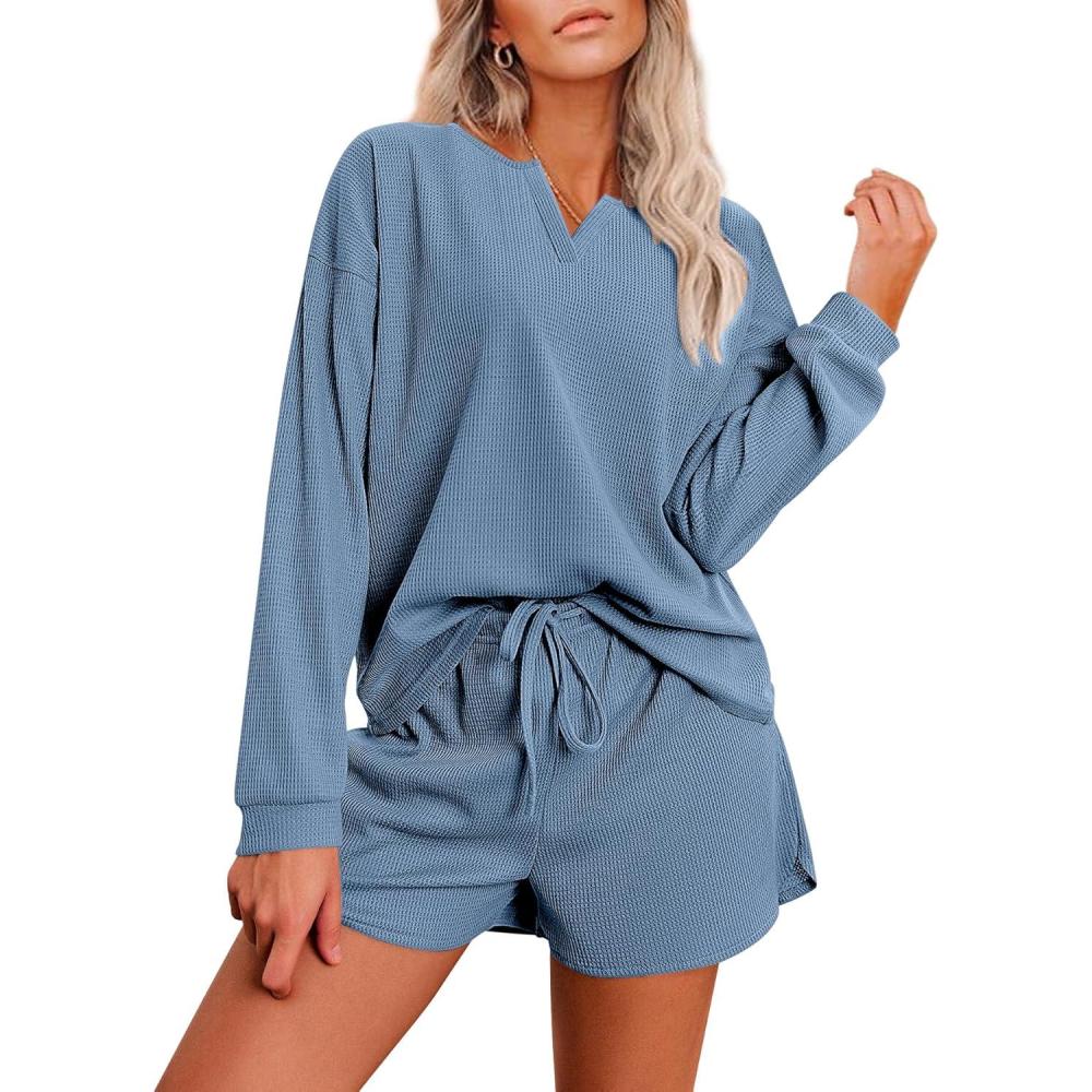 imageEkouaer Pajama Set for Women Waffle Knit Lounge Sets Long Sleeve Top and Shorts Sleepwear Matching Loungewear SXXLBlue