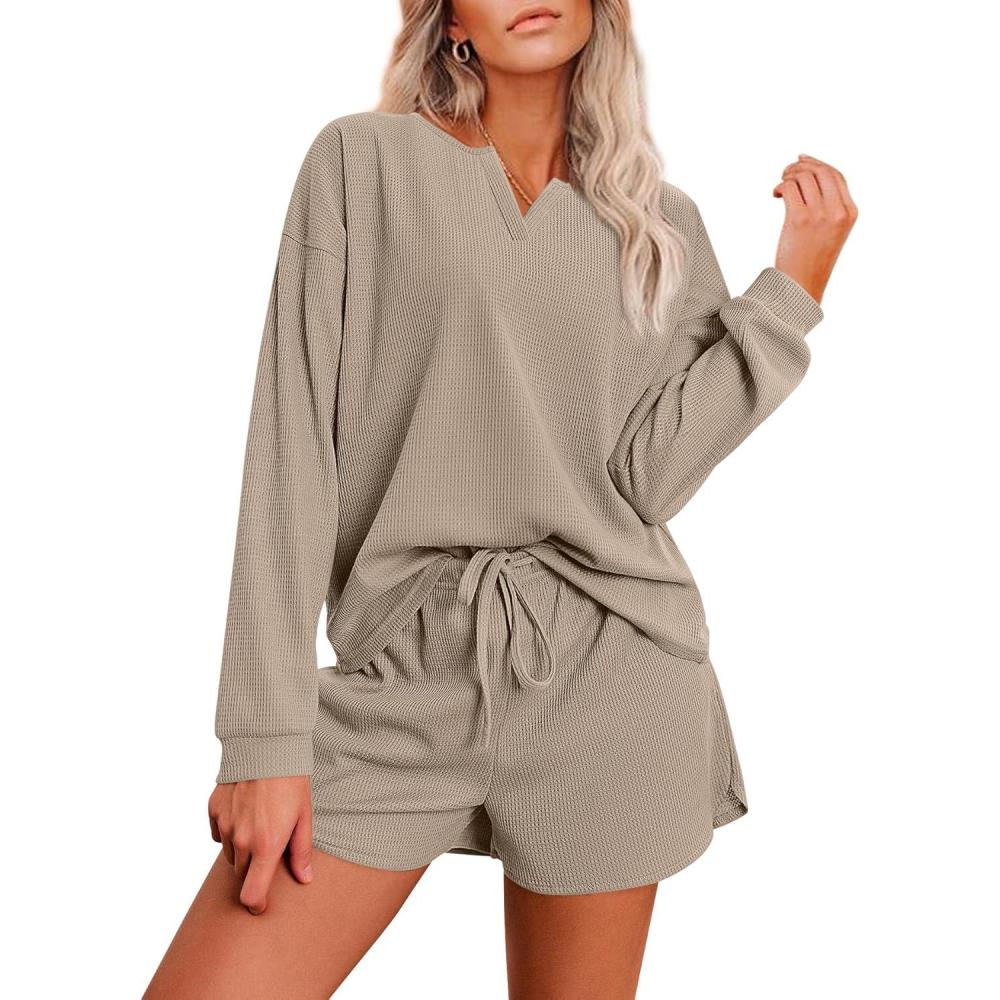 imageEkouaer Pajama Set for Women Waffle Knit Lounge Sets Long Sleeve Top and Shorts Sleepwear Matching Loungewear SXXLBrown