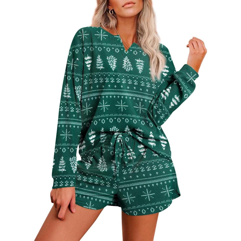 imageEkouaer Pajama Set for Women Waffle Knit Lounge Sets Long Sleeve Top and Shorts Sleepwear Matching Loungewear SXXLChristmas Green