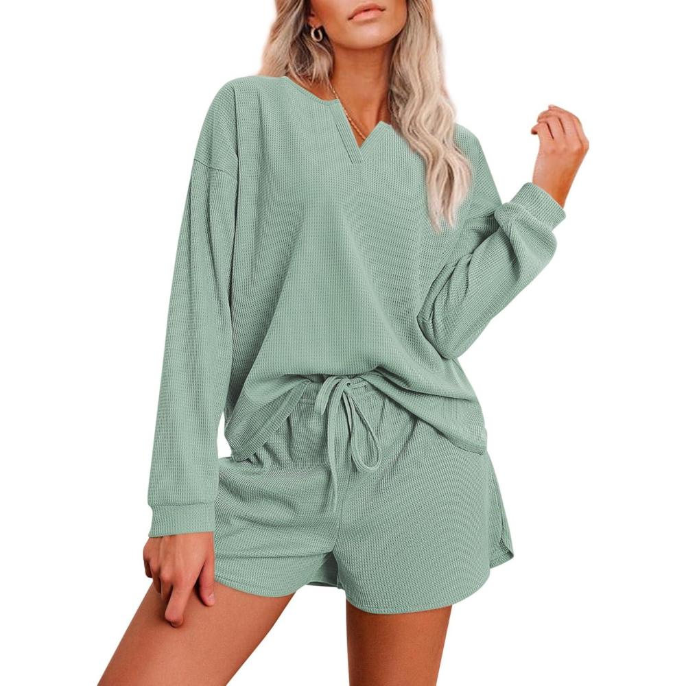imageEkouaer Pajama Set for Women Waffle Knit Lounge Sets Long Sleeve Top and Shorts Sleepwear Matching Loungewear SXXLGray Green