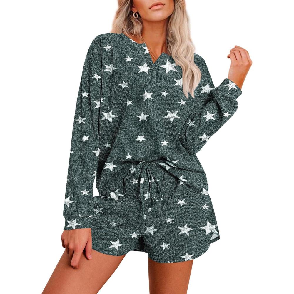 imageEkouaer Pajama Set for Women Waffle Knit Lounge Sets Long Sleeve Top and Shorts Sleepwear Matching Loungewear SXXLGrey Star