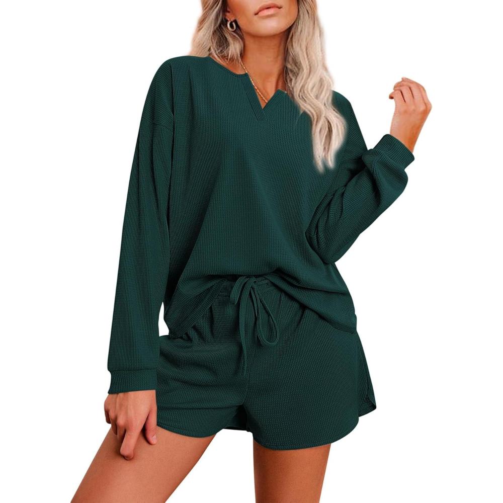 imageEkouaer Pajama Set for Women Waffle Knit Lounge Sets Long Sleeve Top and Shorts Sleepwear Matching Loungewear SXXLLake Green