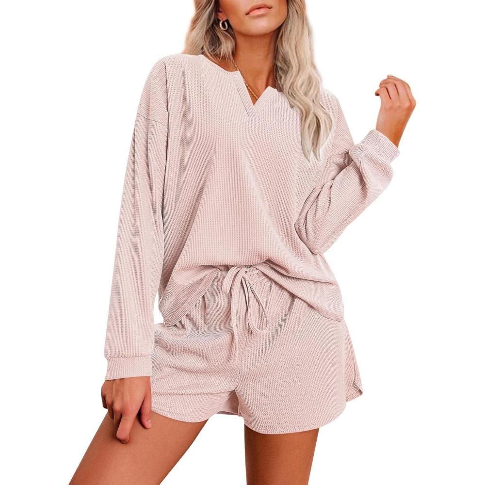 imageEkouaer Pajama Set for Women Waffle Knit Lounge Sets Long Sleeve Top and Shorts Sleepwear Matching Loungewear SXXLLight Pink