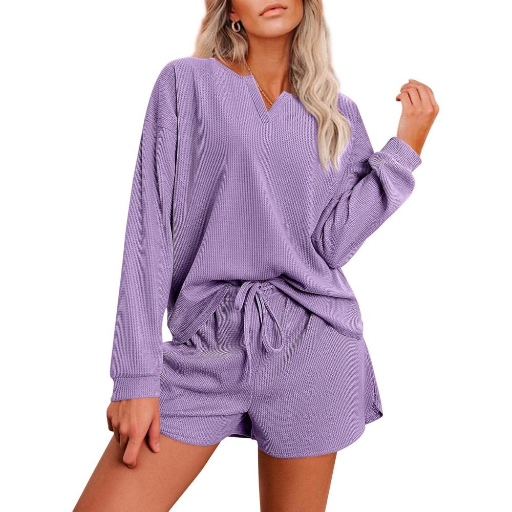 imageEkouaer Pajama Set for Women Waffle Knit Lounge Sets Long Sleeve Top and Shorts Sleepwear Matching Loungewear SXXLLilac