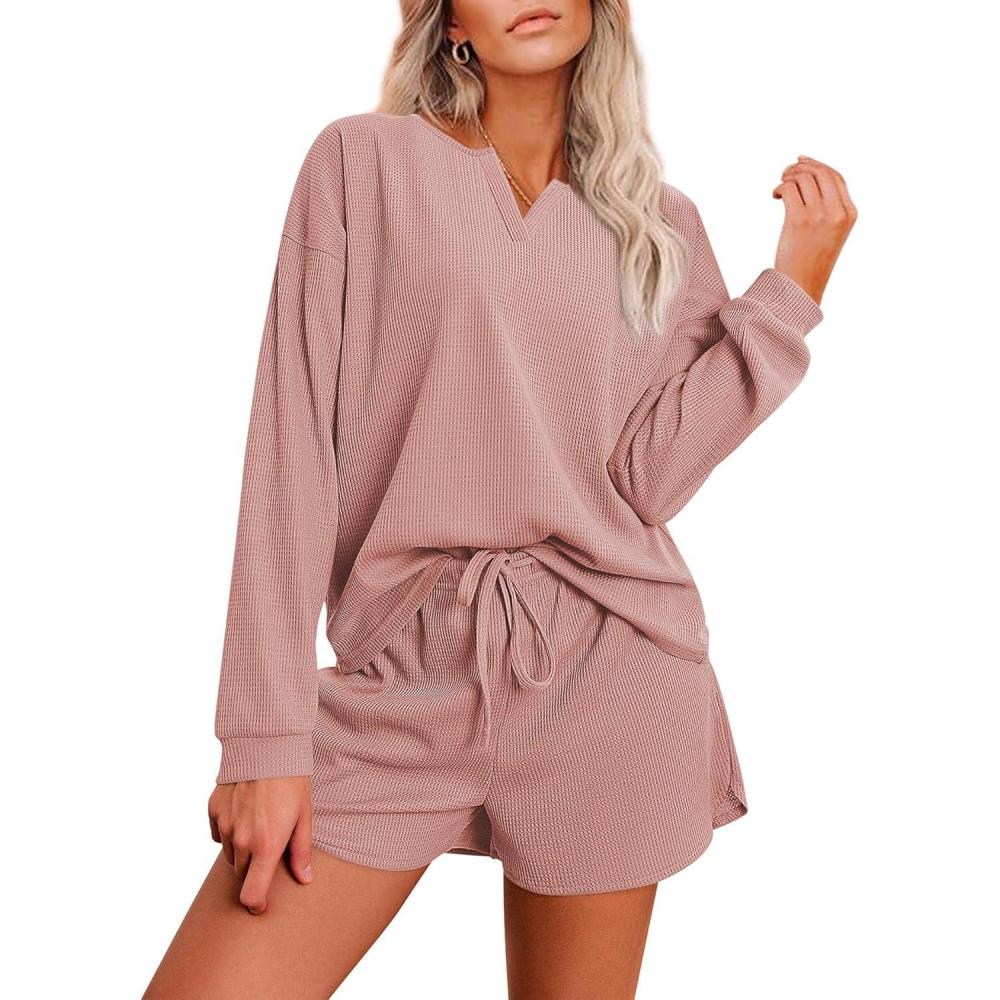 imageEkouaer Pajama Set for Women Waffle Knit Lounge Sets Long Sleeve Top and Shorts Sleepwear Matching Loungewear SXXLLotus Pink