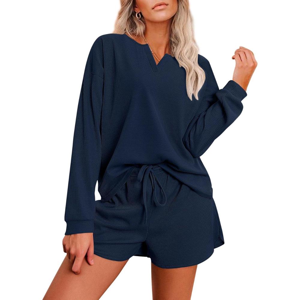 imageEkouaer Pajama Set for Women Waffle Knit Lounge Sets Long Sleeve Top and Shorts Sleepwear Matching Loungewear SXXLNavy Blue