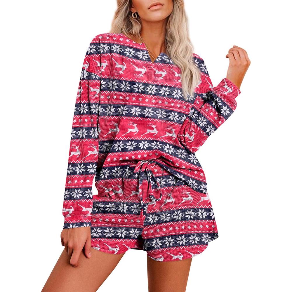 imageEkouaer Pajama Set for Women Waffle Knit Lounge Sets Long Sleeve Top and Shorts Sleepwear Matching Loungewear SXXLRed Christmas