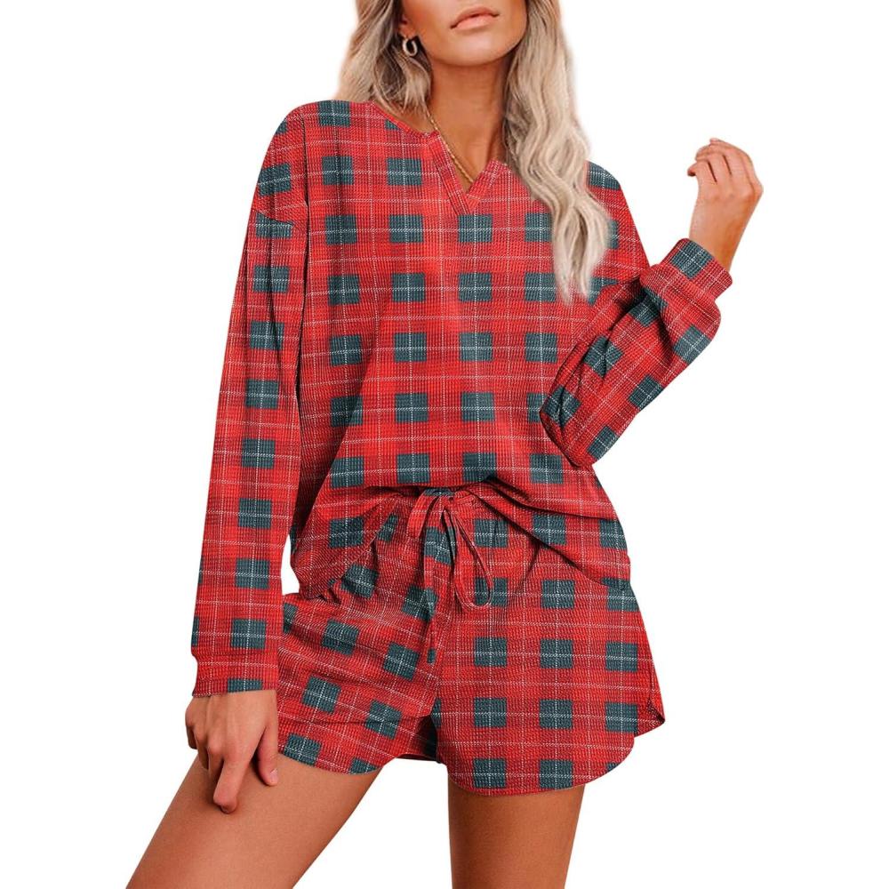 imageEkouaer Pajama Set for Women Waffle Knit Lounge Sets Long Sleeve Top and Shorts Sleepwear Matching Loungewear SXXLRed and Green Plaid
