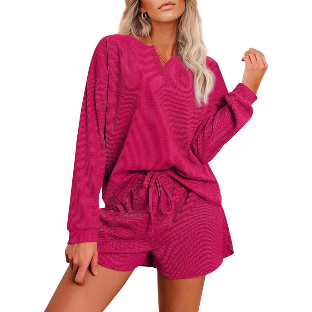 imageEkouaer Pajama Set for Women Waffle Knit Lounge Sets Long Sleeve Top and Shorts Sleepwear Matching Loungewear SXXLRose