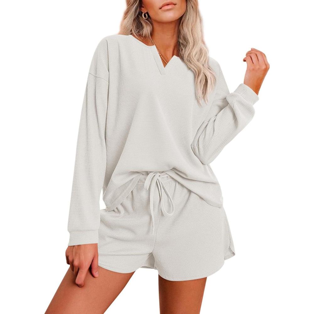 imageEkouaer Pajama Set for Women Waffle Knit Lounge Sets Long Sleeve Top and Shorts Sleepwear Matching Loungewear SXXLWhite