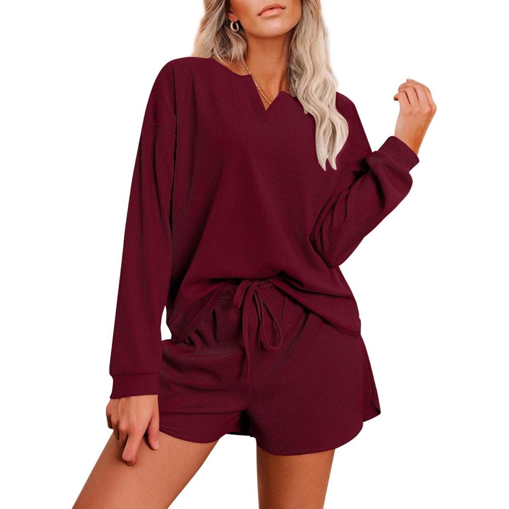 imageEkouaer Pajama Set for Women Waffle Knit Lounge Sets Long Sleeve Top and Shorts Sleepwear Matching Loungewear SXXLWine Red