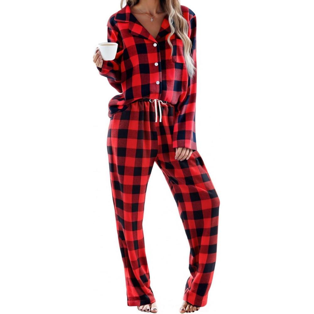 imageEkouaer Womens Pajama Sets 2 Piece Cotton Plaid Pjs Long Sleeve Sleepwear Button Down Lounge Set with PocketsBig Black Red Plaid