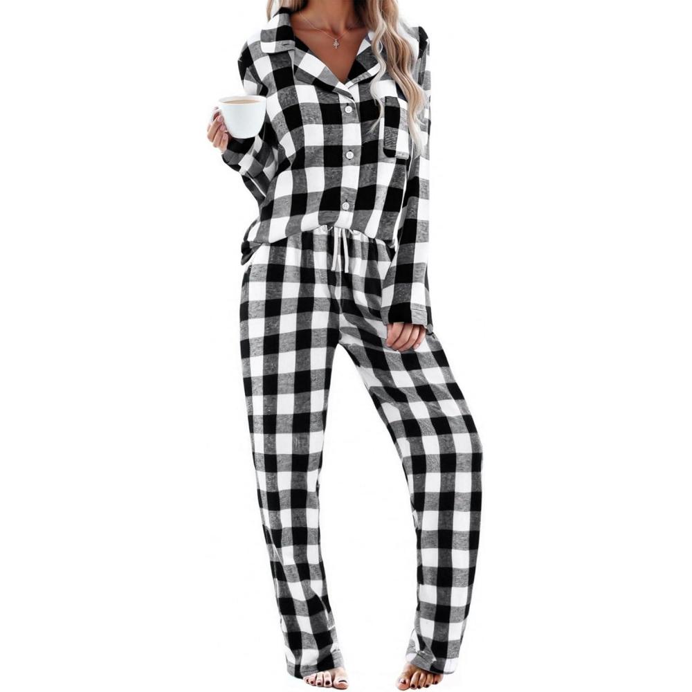 imageEkouaer Womens Pajama Sets 2 Piece Cotton Plaid Pjs Long Sleeve Sleepwear Button Down Lounge Set with PocketsBlack White Plaid