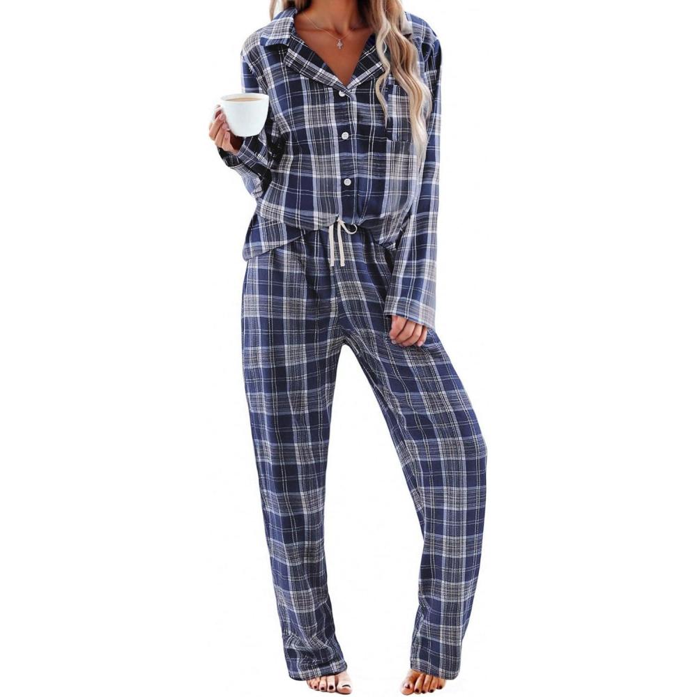 imageEkouaer Womens Pajama Sets 2 Piece Cotton Plaid Pjs Long Sleeve Sleepwear Button Down Lounge Set with PocketsBlue White Plaid