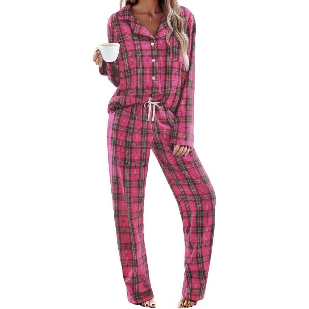 imageEkouaer Womens Pajama Sets 2 Piece Cotton Plaid Pjs Long Sleeve Sleepwear Button Down Lounge Set with PocketsHot Pink Brown Plaid