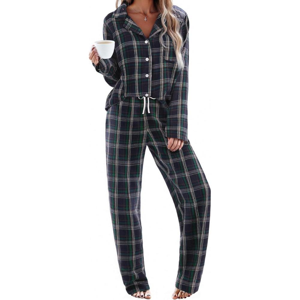 imageEkouaer Womens Pajama Sets 2 Piece Cotton Plaid Pjs Long Sleeve Sleepwear Button Down Lounge Set with PocketsNavy BlueGreen Plaid