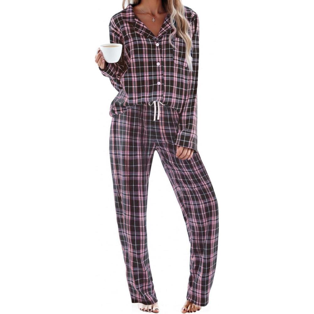 imageEkouaer Womens Pajama Sets 2 Piece Cotton Plaid Pjs Long Sleeve Sleepwear Button Down Lounge Set with PocketsPink Black Plaid