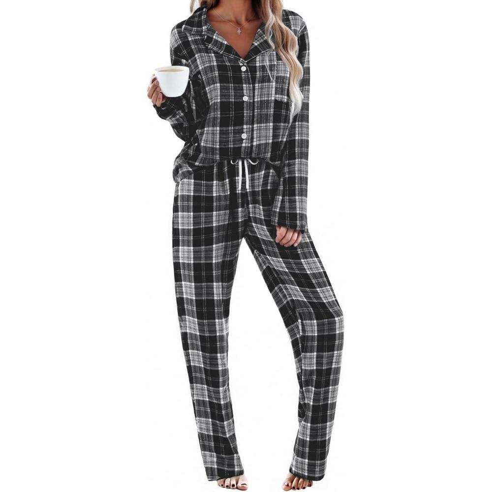 imageEkouaer Womens Pajama Sets 2 Piece Cotton Plaid Pjs Long Sleeve Sleepwear Button Down Lounge Set with PocketsPlaidblack White