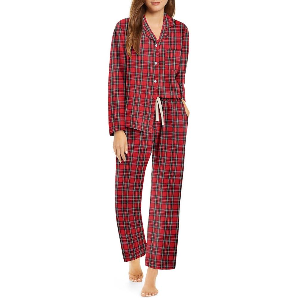 imageEkouaer Womens Pajama Sets 2 Piece Cotton Plaid Pjs Long Sleeve Sleepwear Button Down Lounge Set with PocketsPlaidred Green