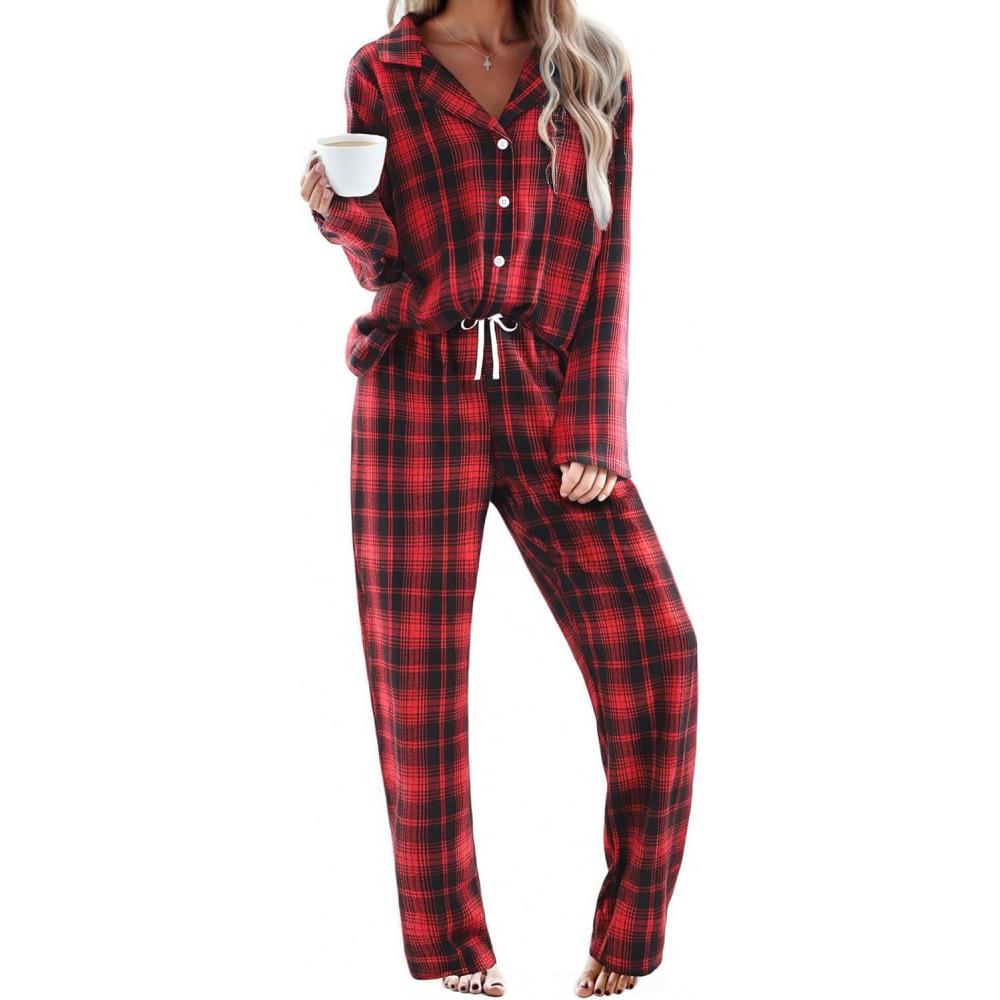 imageEkouaer Womens Pajama Sets 2 Piece Cotton Plaid Pjs Long Sleeve Sleepwear Button Down Lounge Set with PocketsRed Black Plaid