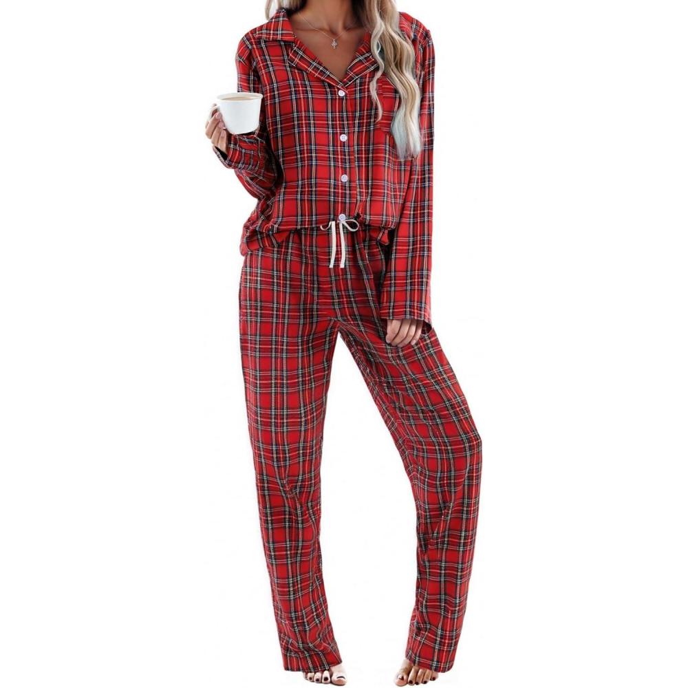 imageEkouaer Womens Pajama Sets 2 Piece Cotton Plaid Pjs Long Sleeve Sleepwear Button Down Lounge Set with PocketsRed Blue Green Plaid