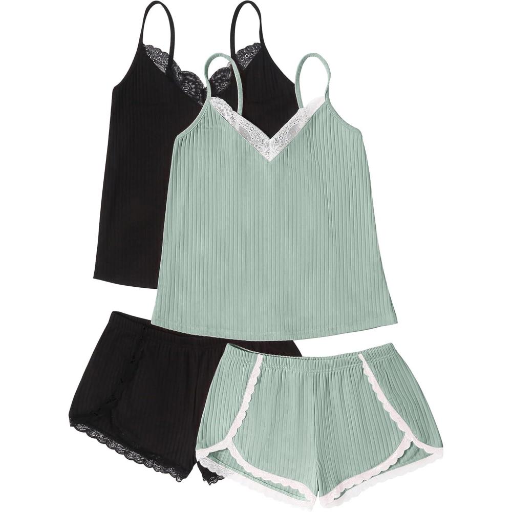imageEkouaer Womens Pajama Sets Soft Lingerie Sleepwear 2 Piece Cami Shorts Set V Neck Pj Lace NightwearBlack  Green