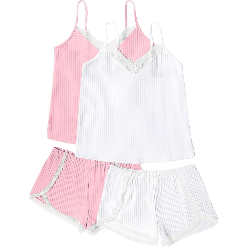 imageEkouaer Womens Pajama Sets Soft Lingerie Sleepwear 2 Piece Cami Shorts Set V Neck Pj Lace NightwearWhite  Pink