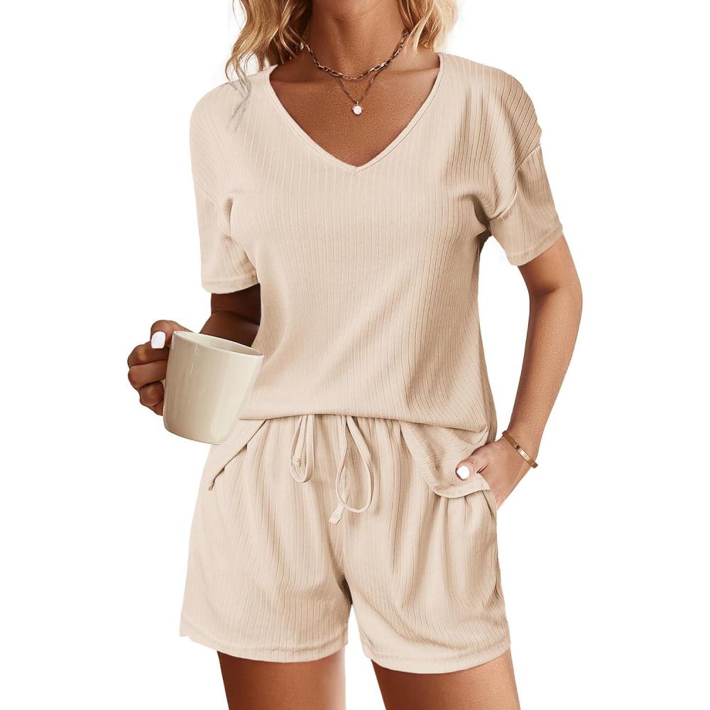 imageEkouaer Womens Ribbed Knit Lounge Set Short Sleeve Top and Shorts Sleepwear Pajama Set Two Piece Shorts Outfits SetBeige