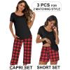 Ekouaer 3 PCS Capri Pajamas for Women Set Short Sleeve Pajama Sets Floral Pj Sets Soft Sleepwear with Pockets(Black Red Plaid)