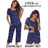 Ekouaer 3 PCS Capri Pajamas for Women Set Short Sleeve Pajama Sets Floral Pj Sets Soft Sleepwear with Pockets(Blue Stars)