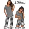 Ekouaer 3 PCS Capri Pajamas for Women Set Short Sleeve Pajama Sets Floral Pj Sets Soft Sleepwear with Pockets(Dark Grey Plaid)