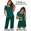 Ekouaer 3 PCS Capri Pajamas for Women Set Short Sleeve Pajama Sets Floral Pj Sets Soft Sleepwear with Pockets(Deep Green Plaid)