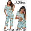 Ekouaer 3 PCS Capri Pajamas for Women Set Short Sleeve Pajama Sets Floral Pj Sets Soft Sleepwear with Pockets(Green Flowers)